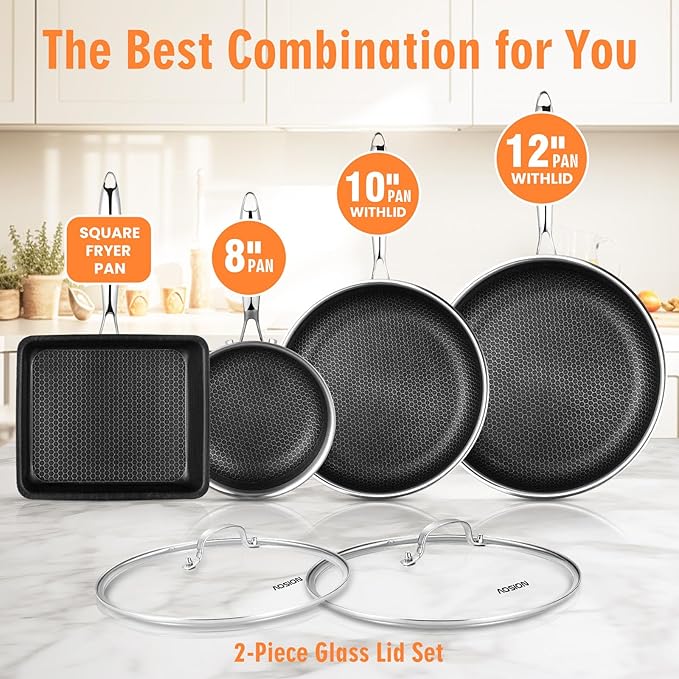 AOSION Nonstick Frying Pans Set,Hybrid Skillets Set with Lid(8+10+9+12inch), Hybrid Stainless Steel Frying Pans Set of 3 for Cooking,PFAS/PFOA Free Cookware Sets,Induction Compatible.