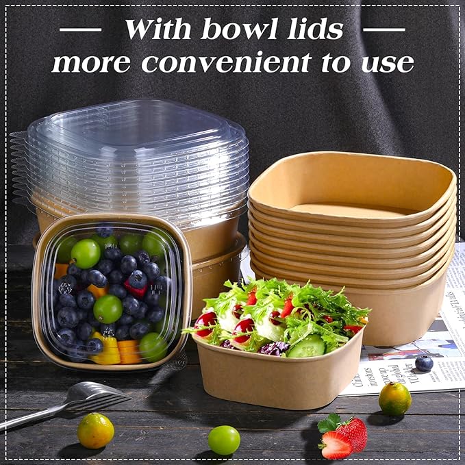 40 Pack 17 oz Paper Bowls, Disposable Food Containers with Lids, Square Disposable Bowls, Disposable Salad Bowls with Lids for Diet Salad, Ice Cream, Yogurt, Party Food