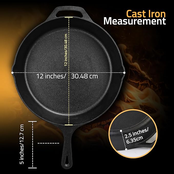 Utopia Kitchen Premium Cast Iron Skillets 12 Inch, Chef's Pan, Pre-Seasoned Frying Pan, Stovetop, Oven, Campfire and Grill Large Skillet, Even Heat Distribution Multipurpose Cast Iron Pan - Black