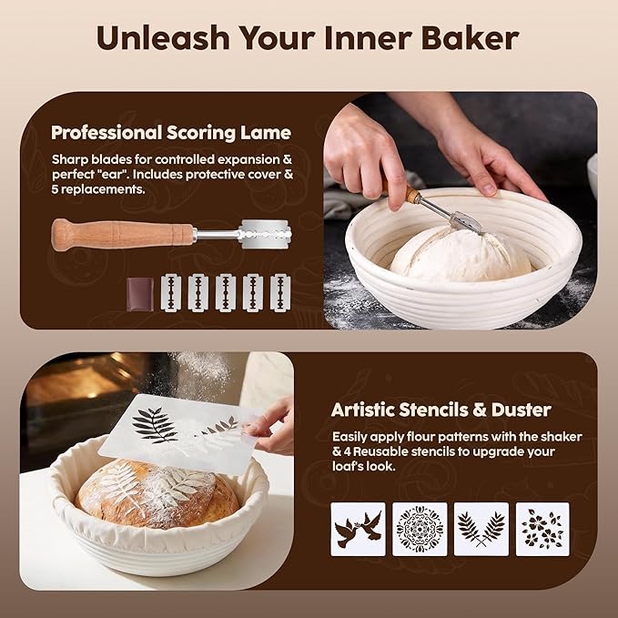 Complete Sourdough Starter Kit with 9" Round & 10" Oval Banneton Proofing Baskets, 22oz Glass Jar, Lame, Whisk, Scraper, Stencils, Slings, Rack, Mat & More – 23-Piece Professional Bread Baking Kit