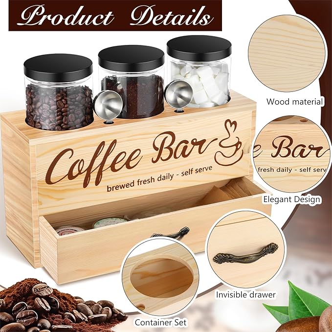 3 Pcs Coffee Canister Set with Shelf and Spoon Plastic Coffee Bean Storage Container with Lids Coffee Storage Box with Drawer Food Storage Jars for Coffee Bar Kitchen (Wood Color)