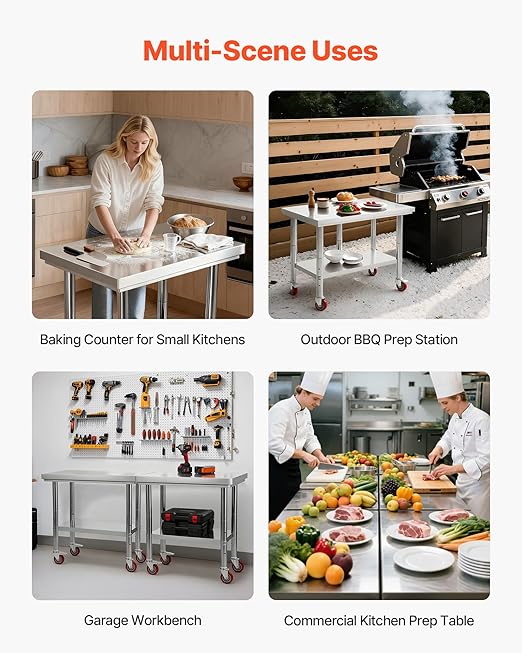 VEVOR Stainless Steel Table, 24 x 35.4 Inches Food Prep Worktable with Wheels, Kitchen Prep Table with Adjustable Undershelf Workstations for Commercial Kitchen, Restaurant, Hotel and Garage, Outdoor