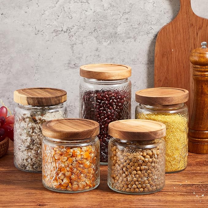 Gerrii 5 Pcs Sunflower Pattern Round Vintage Glass Food Storage Containers 17/24/34 oz Glass Jar Airtight Candy Jar Food Canisters for Kitchen Counter Pantry Coffee Tea Bean