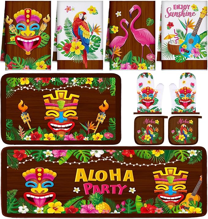 10 Pcs Hawaii Kitchen Towels Oven Mitts and Pot Holder Luau Aloha Kitchen Set Decor Flower Tropical Palm Rugs and Mats Parrot Flamingo Dish Towels for Summer Chef Baking Cooking Grilling BBQ