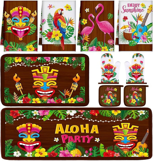 10 Pcs Hawaii Kitchen Towels Oven Mitts and Pot Holder Luau Aloha Kitchen Set Decor Flower Tropical Palm Rugs and Mats Parrot Flamingo Dish Towels for Summer Chef Baking Cooking Grilling BBQ