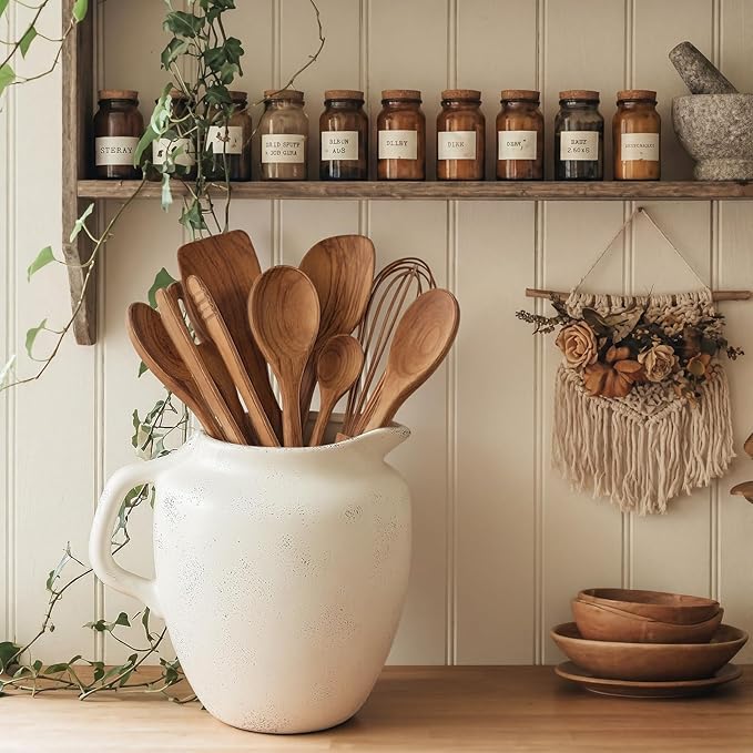 Rustic Kitchen Utensil Holder with Handle,7 Inch Ceramic Vintage Utensil Crock for Countertop, Farmhouse Kitchen Decoration Ceramic Pot for Spatulas Spoons Tongs(Novelty,Antique Cream)