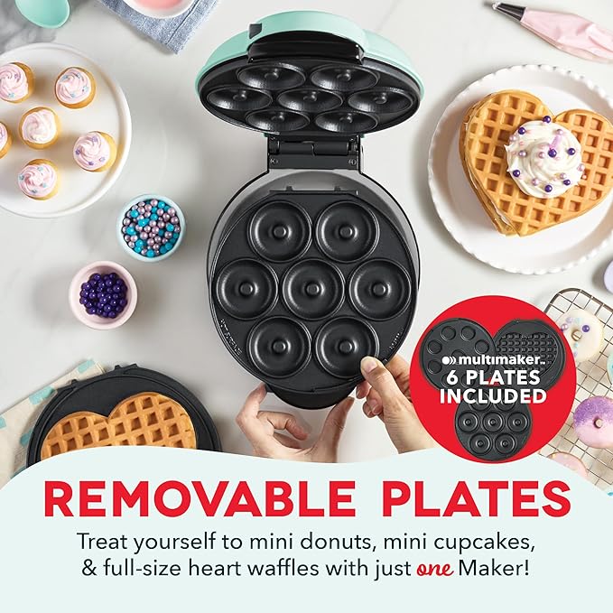 Dash MultiMaker® Treat Maker System - Make Mini Donuts, Cupcakes & Heart-Shaped Waffles - Interchangeable Plate Design - dishwasher safe Parts for Easy Cleanup - Aqua