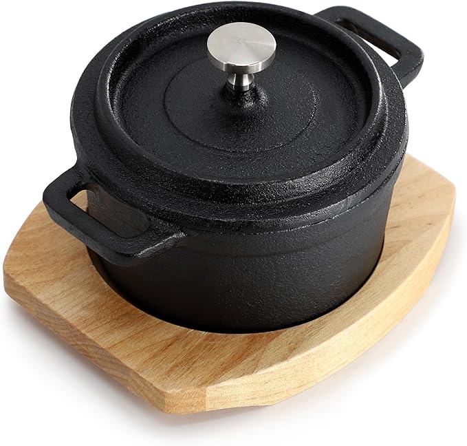 MegaChef Cast Iron 8 Ounce Mini Dutch Oven with Wood Tray, Cookware, Bakeware, Serveware (1 Piece)