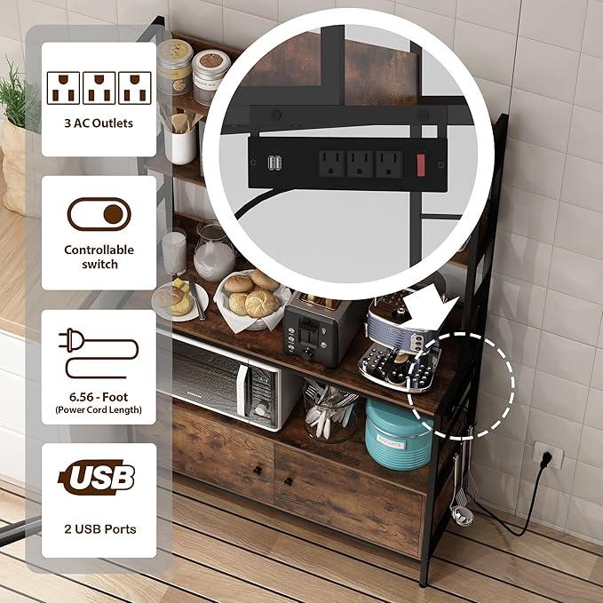 5-Tier Kitchen Bakers Rack with Power Outlet,Industrial Microwave Oven Stand, Utility Storage Shelf,Free Standing Kitchen Utility Cart Storage Shelf Organizer with Hooks