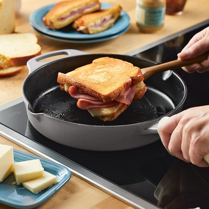 Rachael Ray NITRO Cast Iron Frying Pan/Skillet with Helper Handle and Pour Spouts, 10 Inch, Gray