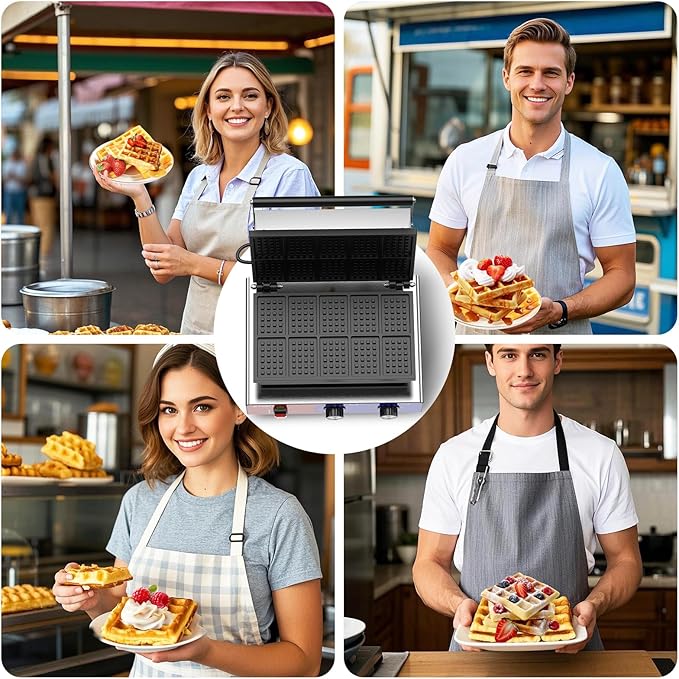 Square Waffle Maker - Commercial Waffle Iron w/Non-stick Baking Pans, 550 ℉ Temperature and Timers, 1550W Hotel Waffle Machine for Double Baking, Professional Stainless Steel Waffle Maker