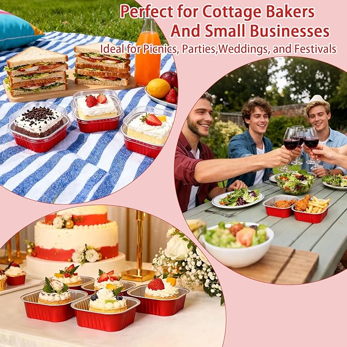 200 Pack 8 oz Red Square Mini Cake Pans with Lids, Aluminum Foil Square Brownie Baking Cups for Ramekins Muffin Cupcake Wedding Birthday Party