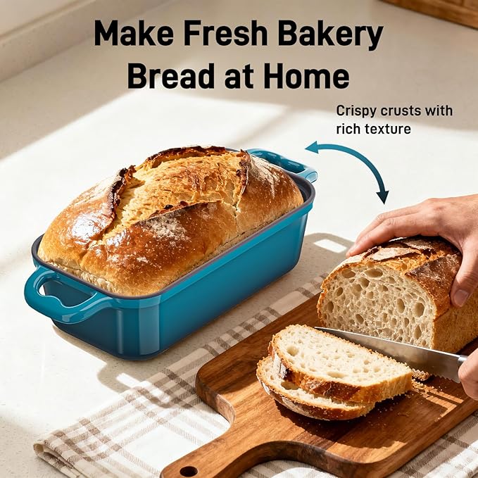 Enameled Cast Iron Sourdough Bread Dutch Oven, 9x5 Inch Loaf Cast Iron Bread Pan for Homemade Bread Baking, Sourdough Baking Pans, Meatloaf Pan with Lid, 2 Piece set, Emerald