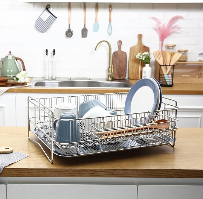 Solid Dish Rack (Stainless Steel, 7.2" H x 19.8" W x 14.7" D)