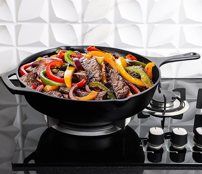 Utopia Kitchen Premium Cast Iron Skillets 12 Inch, Chef's Pan, Pre-Seasoned Frying Pan, Stovetop, Oven, Campfire and Grill Large Skillet, Even Heat Distribution Multipurpose Cast Iron Pan - Black