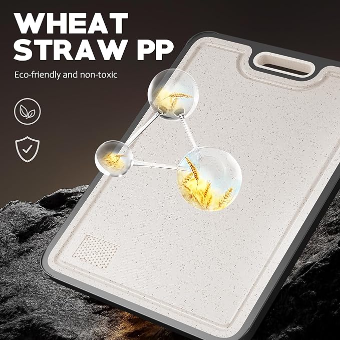 Double-Sided GR1 Titanium&Wheat Straw Cutting Board,15”*10“ Cutting Board for Kitchen, Non toxic Chopping Board for Meat & Vegetables, Non-Slip Silicone Edge, Juice Groove