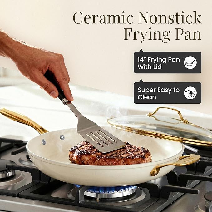 GOTHAM STEEL 14 Inch Frying Pan with Lid, Ceramic Nonstick Skillet, Non Toxic PFOA PFOS Free, Extra Large for Family, Dishwasher & Oven Safe 500°F, Cream