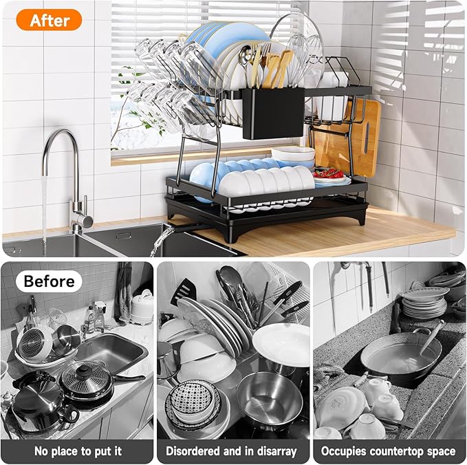 Rustproof Stainless Steel Dish Drying Rack,2 Tier Large Dish Rack for Kitchen Counter,Dish Rack with Drainboard,Dish Drainer with Utensil Holder & Cup Holder,Black
