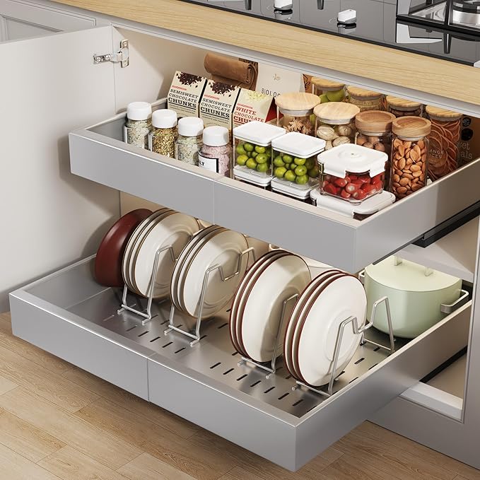 2 Pack Pull out Cabinet Organizer 21"Deep With Raising Pad for Framed Cabinets, Expandable Slide out Drawers for Kitchen Cabinets with 4pcs Divider Racks,Roll out Shelves 12.1"-20.4" W Silver