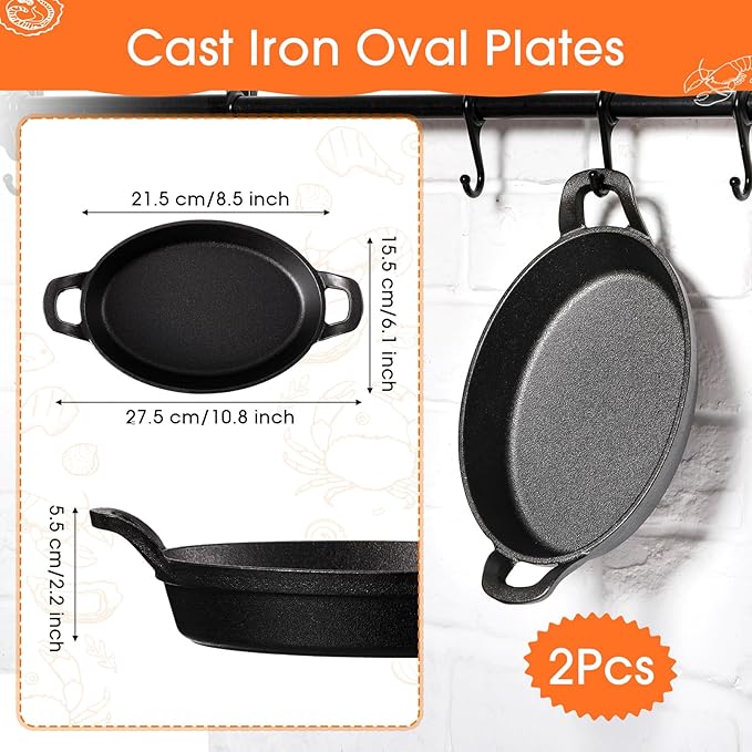 Mifoci 2 Pack Mini Cast Iron Fajita Skillet, 8.5" x 6.1" Oval Sizzling Steak Plate Pan Small Ramekin Set Black Casserole Dish for Stove Oven Grill Restaurant Kitchen Indoor Outdoor Picnic