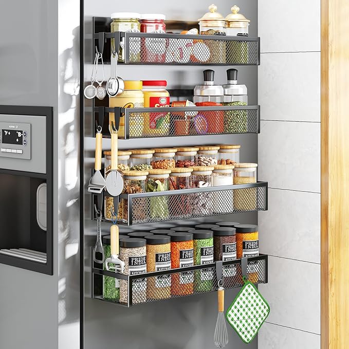 Magnetic Spice Rack for Refrigerator, 4 Pack Magnetic Shelf, Fridge Magnet Organizer with Moveable 8 Hooks, Magnetic Fridge Shelf for Kitchen Organization and Storage (4 Pack)
