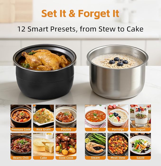 Fullwill Dual-Pot Electric Pressure Cooker, 12-in-1 Multi-Cooker with 6QT Stainless Steel & 5QT Ceramic Pot, for Pressure Cook, Slow Cook, Yogurt & More