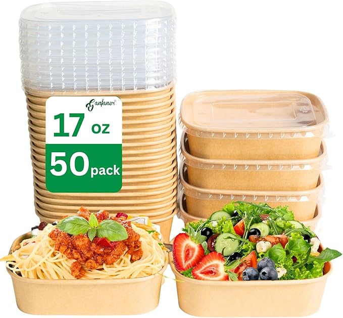 17oz Disposable Meal Prep Food Container Box with Lids, 50 Sets Kraft Paper Bowls Compostable for Soup Noodles Acai Microwave Safe, Leak-Proof Salad Bowl for Lunch Party Home School Take Out