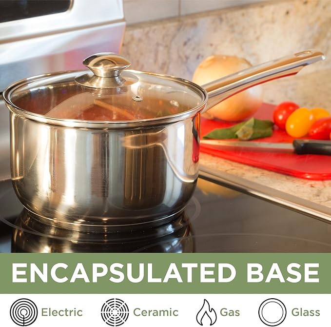 Ecolution Stainless Steel Sauce Pan, Encapsulated Induction Ready Cooking Pot with Glass Lid, Oven Safe, Dishwasher Safe Soup Pot, 3-Quart