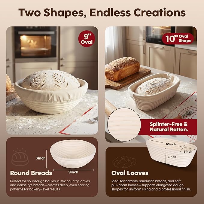 Complete Sourdough Starter Kit with 9" Round & 10" Oval Banneton Proofing Baskets, 22oz Glass Jar, Lame, Whisk, Scraper, Stencils, Slings, Rack, Mat & More – 23-Piece Professional Bread Baking Kit