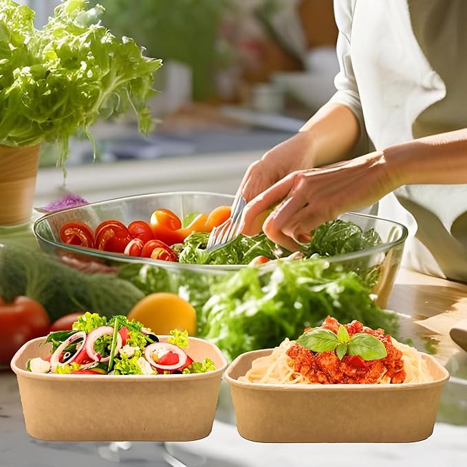17oz Disposable Paper Bowl with Lid, Kraft Meal Prep Container Box [with 50 Sporks], To Go Square Paper Containers Oil-Proof, Compostable Salad Soup Bowls Perfect for Food Takeout