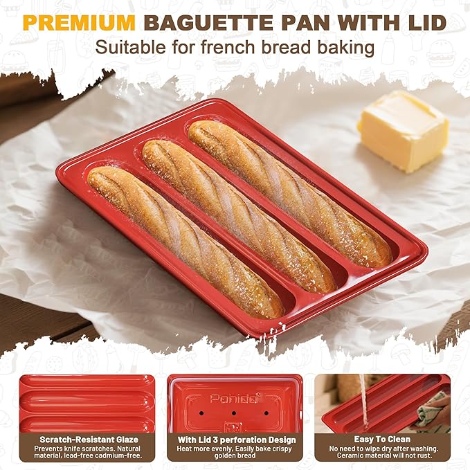 Baguette Bread Pan, Premium Nonstick French Bread Baking Pan, 3 Loaves Baguette Pan With lid, Heating Evenly for Sourdough, Italian Bread, Perfect for Creating Crisp Golden-Brown Crust Easy To Release