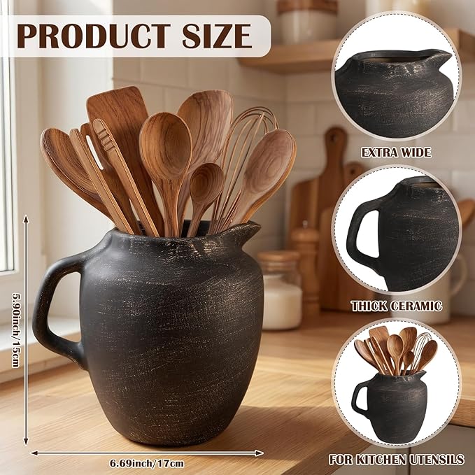 Rustic Kitchen Utensil Holder with Handle,7 Inch Ceramic Vintage Utensil Crock for Countertop, Farmhouse Kitchen Decoration Ceramic Pot for Spatulas Spoons Tongs(Novelty,Antique Black Gold)