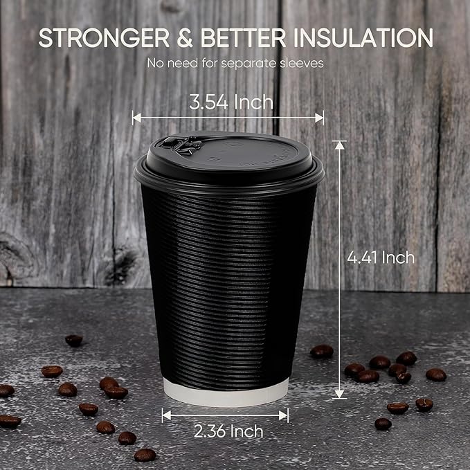 100 Pack 12 oz Disposable Coffee Cups with Lids and Straws, Insulated Ripple Wall To Go Paper Corrugated Cups, Bulk for Hot/Cold Drinks, Cafe Bar, Office, Chocolate, Cocoa (Black)