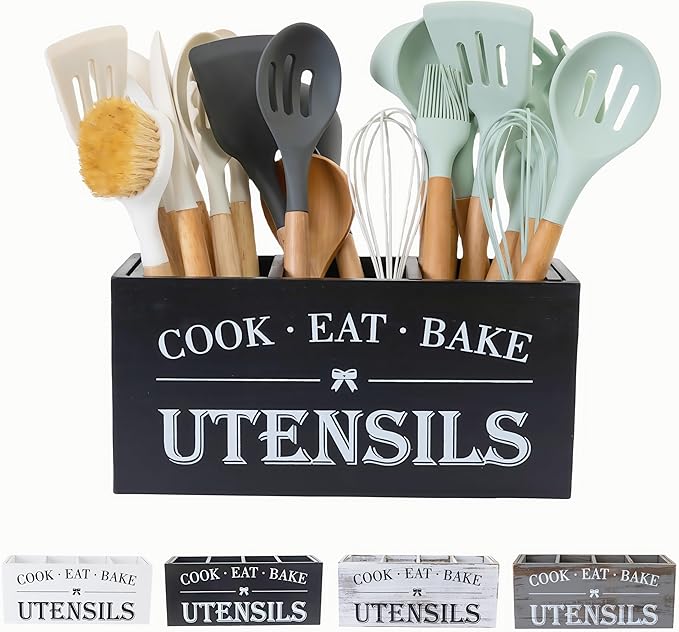 Utensil Holder,Large Wooden Utensil Holder For Kitchen Counter,Cooking Spatula Organizer,Big Storage Caddy With 3 Compartments Flatware Spoon Tool Cutlery (Black)