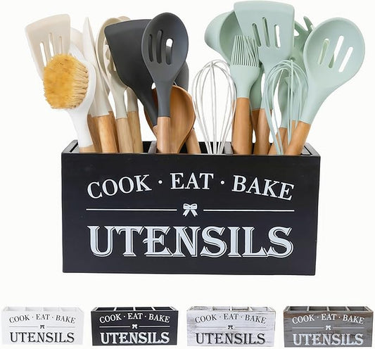 Utensil Holder,Large Wooden Utensil Holder For Kitchen Counter,Cooking Spatula Organizer,Big Storage Caddy With 3 Compartments Flatware Spoon Tool Cutlery (Black)