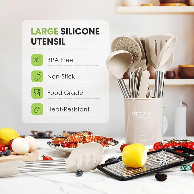 Cooking Utensils Set, 35Pcs Silicone Kitchen Utensils Set with Holder, 446°F Heat Resistant Food Grade Spatula Set, BPA Free Kitchen Gadgets for Non-stick Cookware, Easy to Clean (Khaki)