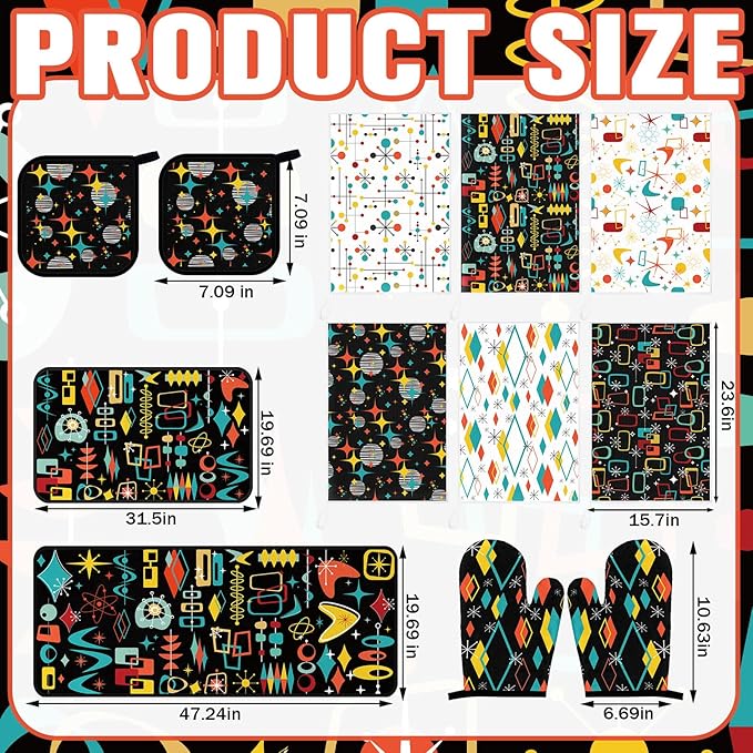 12 Pcs Retro Kitchen Decor Mid Century Oven Mitts and Pot Holders Set Mid Century Kitchen Dish Towels Vintage Abstract Geometric Potholders Rugs Mats for Black White Baking Cooking BBQ Gift