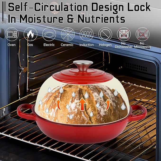 Enameled Cast Iron Bread Oven, Dutch Oven Pot with Lid, 10" Bread Dutch Oven for Sourdough Bread Baking, 6 Quarts Bread Pan with Dome Lid, Non-stick Cookware for Homemade Bread, Red