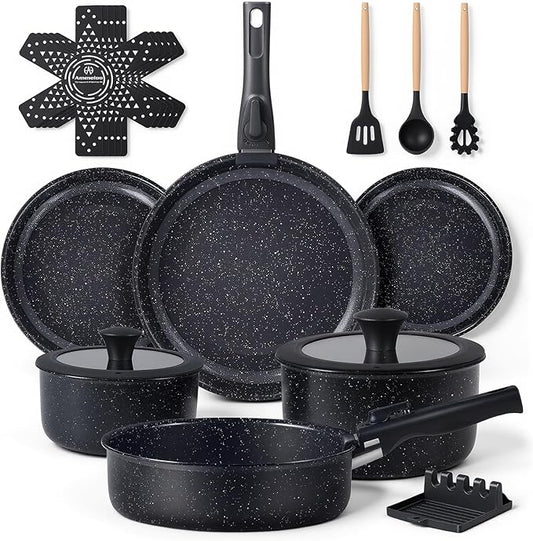 Ammeloo 21 Pcs Pots and Pans Set Non Stick, Ceramic Kitchen Cookware Set with Detachable Handle, Non Toxic Cooking Set for Kitchen, RV, Camping and Fridge, Induction Ready, Dishwasher/Oven Safe, Black