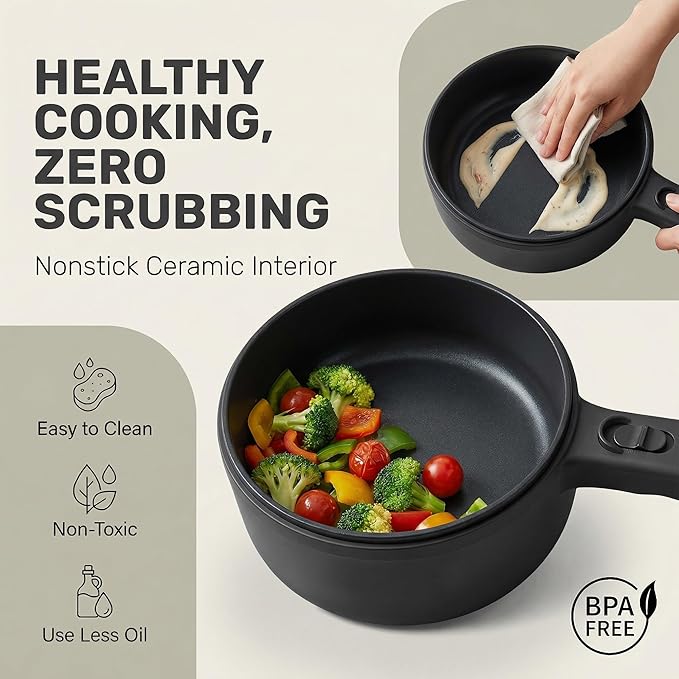Hot Pot Electric 1.5L CERAMAX, Non-Toxic Ceramic Cooker with Steamer & Lid for Ramen, Pasta, Eggs, Soup - Portable for Dorms, Camping, RVs, Office, Adjustable Temp