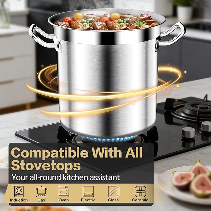 Stainless Steel Stockpot – 40QT Stock Pot with Lid, Heavy-Duty Tri-Ply Bottom Cooking Pot for Canning, Boiling Beer Brewing, Soup, Seafood Boil – Satin Finish Stainless Steel Soup Pot