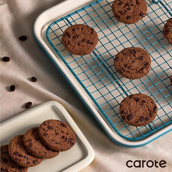 CAROTE 7-Piece Nonstick Ceramic Baking Pans Set - Bakeware Sets Including Cookie Sheets for Baking, Muffin Pan, Bread Pan, Cake pan, Loaf Pan, Roasting Pan, and Cooling Rack, LIght Blue & White
