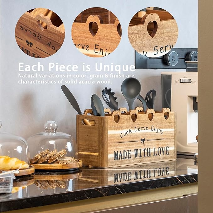 Kitchen Utensil Holder, Large Acacia Wood Organizer for Countertop | Extra Large Farmhouse Style with 4 Compartments, Rustic Wooden Storage for Cooking Tools & Cutlery