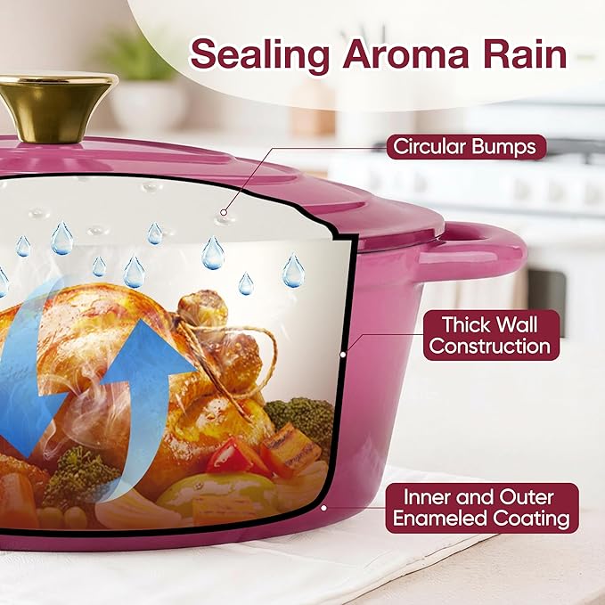 Oval Dutch Oven for Bread Baking, 4.5 Quart Non Stick Enameled Cast Iron Dutch Oven Pot with Lid, Oven Safe Oval Casserole with Lid up to 500°F for Baking, Braising, Stews, Roasting, Rose