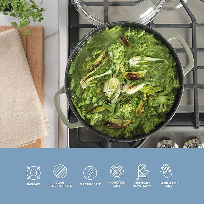 Sur La Table Kitchen Essential Supper Club 5-Quart Enamel-Coated Cast Iron Dutch Oven Pot with Oven Safe Glass Lid, Oven-to-Table Cookware for Bread, Soups, Stews & Braising - Juniper Green