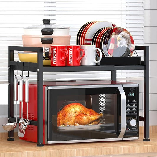 PUSDON Extendable Microwave Oven Rack, Adjustable Microwave/Toaster Shelf Heavy Duty Stand Kitchen Counter Top Organizer, 2 Tier with 3 Hooks, 160lbs Weight Capacity, Black