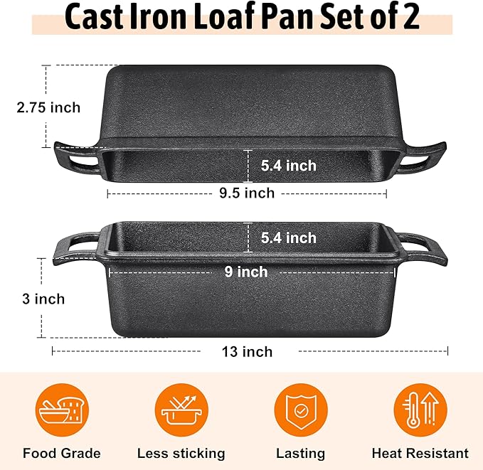 P&P CHEF 2-In-1 9 x 5 Inch Cast Iron Loaf Pan with Lid (Black), Bread Loaf Pans for Baking Homemade Sourdough Bread, Meatloaf, Toast, Cake, Nonstick & Healthy & Sturdy, 2 Piece Set