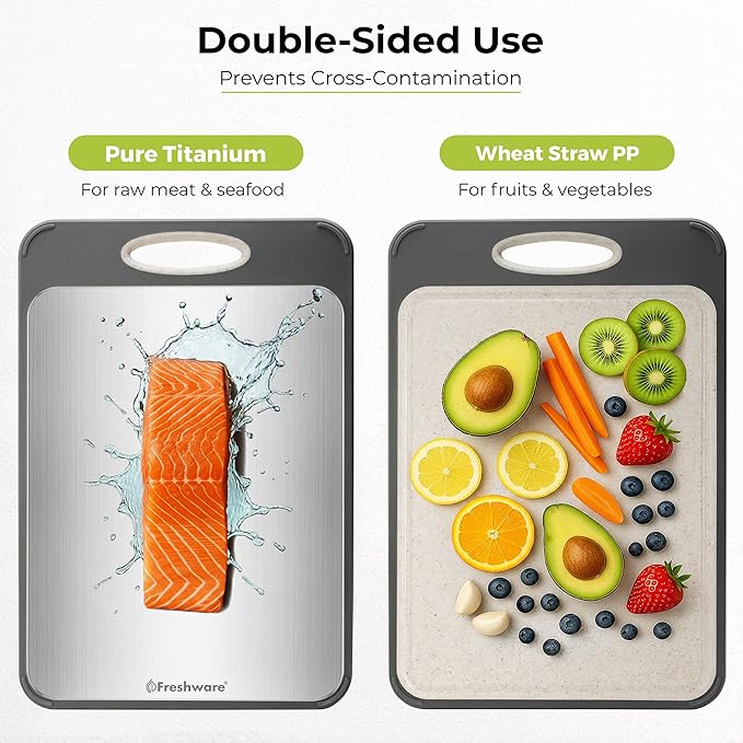 Freshware Titanium Cutting Board for Kitchen, Double Sided and Non Slip Cutting Boards, Pure Titanium/PP, Chopping Board with Juice Grooves, Dishwasher Safe, Large 15.75" by 10.6"