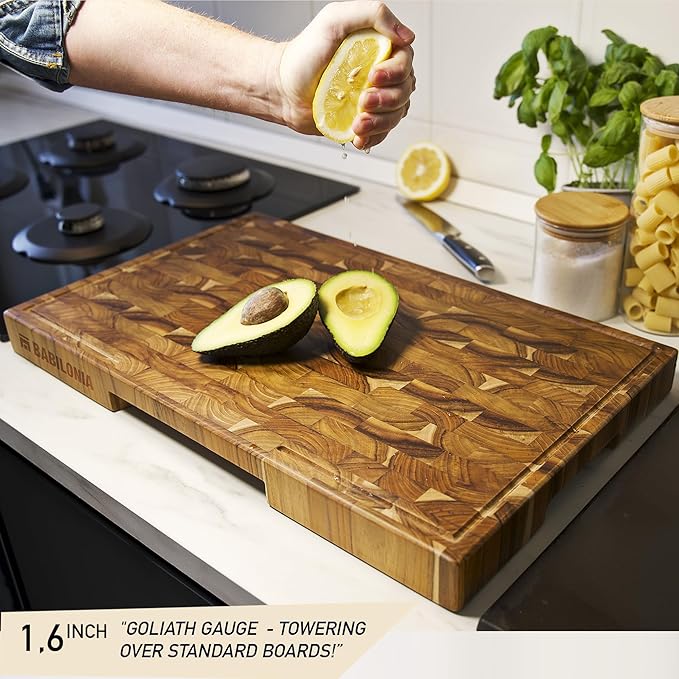 Teak Cutting Board - 19.7 x 12.2 Inch (ExtraThick 1.7") Premium Quality Butcher Block for Meat, Cheese, Charcuterie Board. Heavy Duty End Grain Wood Chopping Board with Handle (Oil & Plate Included)