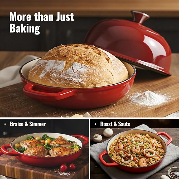 4.5 QT Dutch Oven for Bread Baking, Cast Iron Bread Oven for Sourdough, Enamelled Bread Dutch Oven with Lid, Heavy-Duty Non Stick Bread Pot, Red